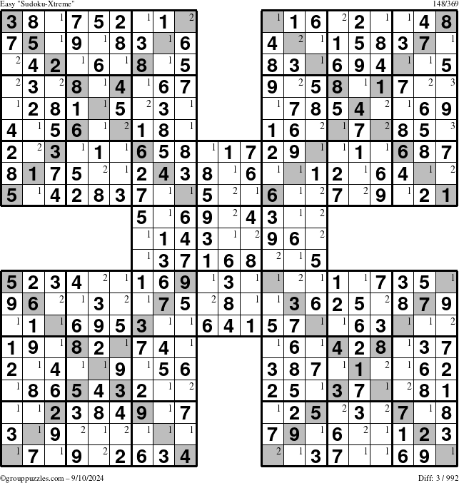 The grouppuzzles.com Easy Sudoku-Xtreme puzzle for Tuesday September 10, 2024 with the first 3 steps marked