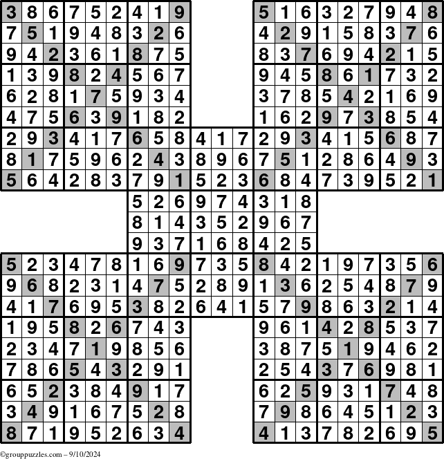 The grouppuzzles.com Answer grid for the Sudoku-Xtreme puzzle for Tuesday September 10, 2024