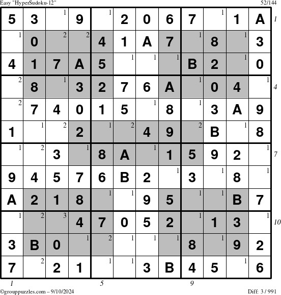 The grouppuzzles.com Easy HyperSudoku-12 puzzle for Tuesday September 10, 2024 with all 3 steps marked