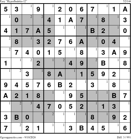 The grouppuzzles.com Easy HyperSudoku-12 puzzle for Tuesday September 10, 2024 with the first 3 steps marked