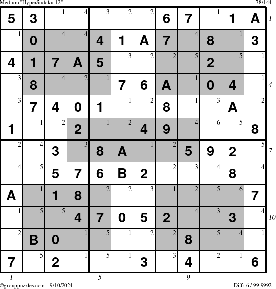 The grouppuzzles.com Medium HyperSudoku-12 puzzle for Tuesday September 10, 2024 with all 6 steps marked