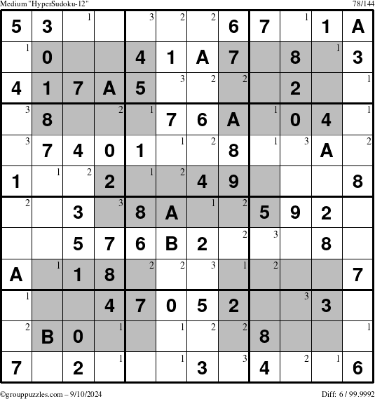 The grouppuzzles.com Medium HyperSudoku-12 puzzle for Tuesday September 10, 2024 with the first 3 steps marked