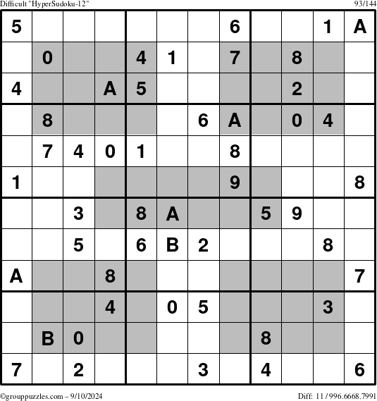 The grouppuzzles.com Difficult HyperSudoku-12 puzzle for Tuesday September 10, 2024