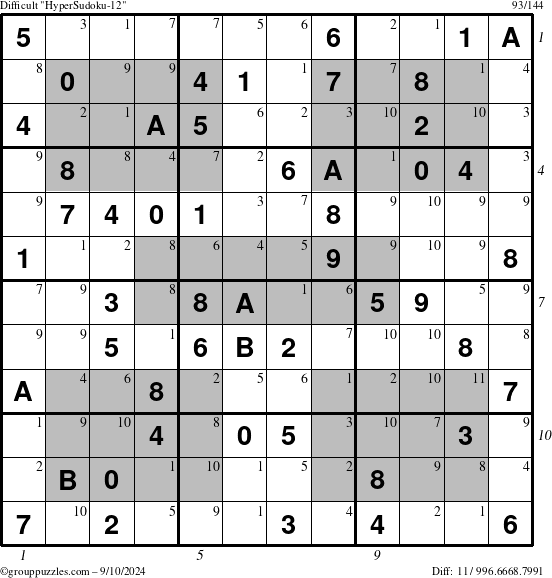 The grouppuzzles.com Difficult HyperSudoku-12 puzzle for Tuesday September 10, 2024, suitable for printing, with all 11 steps marked