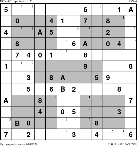 The grouppuzzles.com Difficult HyperSudoku-12 puzzle for Tuesday September 10, 2024 with the first 3 steps marked