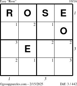 The grouppuzzles.com Easy Rose puzzle for Saturday February 15, 2025 with all 3 steps marked