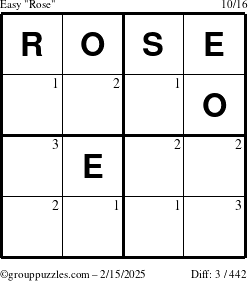 The grouppuzzles.com Easy Rose puzzle for Saturday February 15, 2025 with the first 3 steps marked