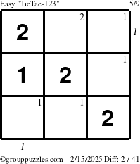 The grouppuzzles.com Easy TicTac-123 puzzle for Saturday February 15, 2025 with all 2 steps marked