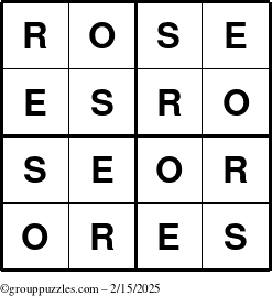 The grouppuzzles.com Answer grid for the Rose puzzle for Saturday February 15, 2025