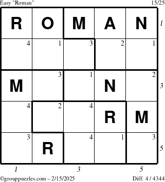 The grouppuzzles.com Easy Roman puzzle for Saturday February 15, 2025 with all 4 steps marked