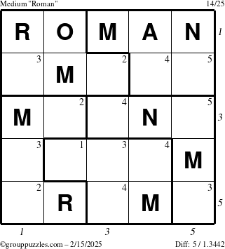 The grouppuzzles.com Medium Roman puzzle for Saturday February 15, 2025 with all 5 steps marked
