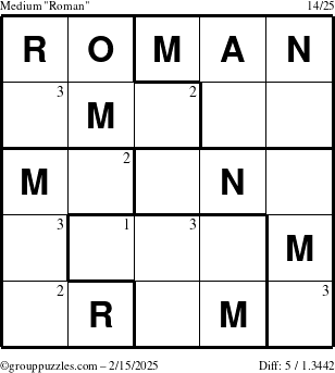 The grouppuzzles.com Medium Roman puzzle for Saturday February 15, 2025 with the first 3 steps marked