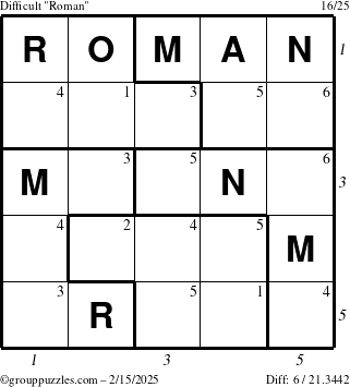 The grouppuzzles.com Difficult Roman puzzle for Saturday February 15, 2025 with all 6 steps marked