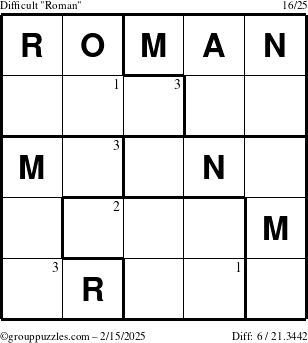 The grouppuzzles.com Difficult Roman puzzle for Saturday February 15, 2025 with the first 3 steps marked