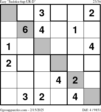 The grouppuzzles.com Easy Sudoku-6up-UR-D puzzle for Saturday February 15, 2025