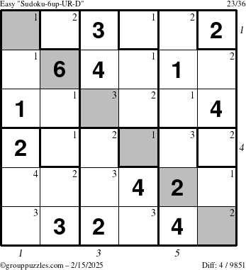 The grouppuzzles.com Easy Sudoku-6up-UR-D puzzle for Saturday February 15, 2025 with all 4 steps marked