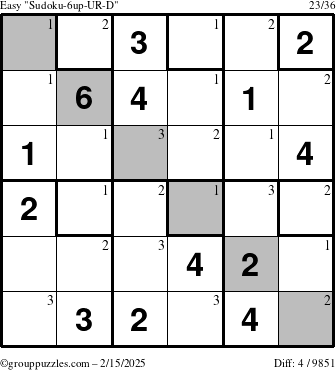 The grouppuzzles.com Easy Sudoku-6up-UR-D puzzle for Saturday February 15, 2025 with the first 3 steps marked