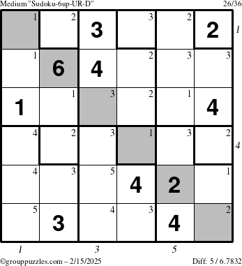 The grouppuzzles.com Medium Sudoku-6up-UR-D puzzle for Saturday February 15, 2025 with all 5 steps marked