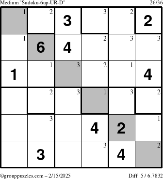 The grouppuzzles.com Medium Sudoku-6up-UR-D puzzle for Saturday February 15, 2025 with the first 3 steps marked