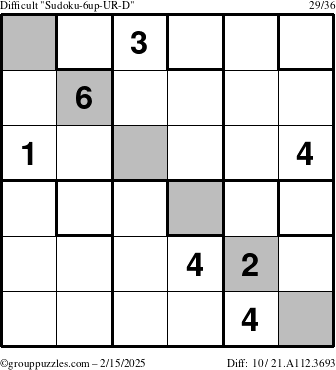 The grouppuzzles.com Difficult Sudoku-6up-UR-D puzzle for Saturday February 15, 2025