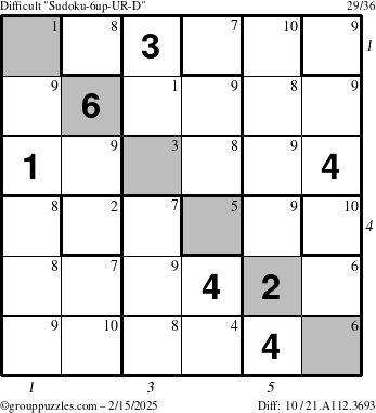 The grouppuzzles.com Difficult Sudoku-6up-UR-D puzzle for Saturday February 15, 2025 with all 10 steps marked