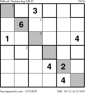 The grouppuzzles.com Difficult Sudoku-6up-UR-D puzzle for Saturday February 15, 2025 with the first 3 steps marked