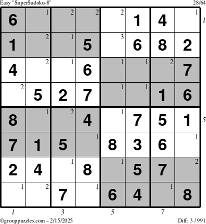 The grouppuzzles.com Easy SuperSudoku-8 puzzle for Saturday February 15, 2025 with all 3 steps marked