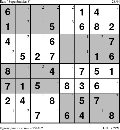 The grouppuzzles.com Easy SuperSudoku-8 puzzle for Saturday February 15, 2025 with the first 3 steps marked