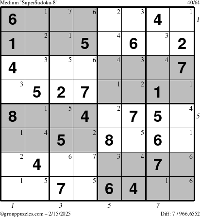 The grouppuzzles.com Medium SuperSudoku-8 puzzle for Saturday February 15, 2025 with all 7 steps marked