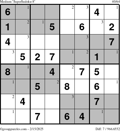 The grouppuzzles.com Medium SuperSudoku-8 puzzle for Saturday February 15, 2025 with the first 3 steps marked