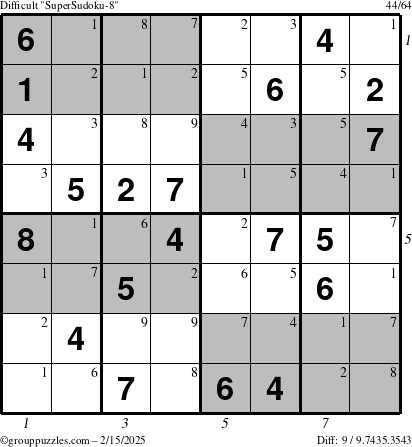 The grouppuzzles.com Difficult SuperSudoku-8 puzzle for Saturday February 15, 2025 with all 9 steps marked