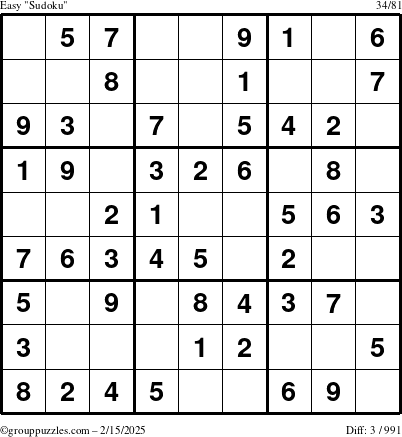 The grouppuzzles.com Easy Sudoku puzzle for Saturday February 15, 2025