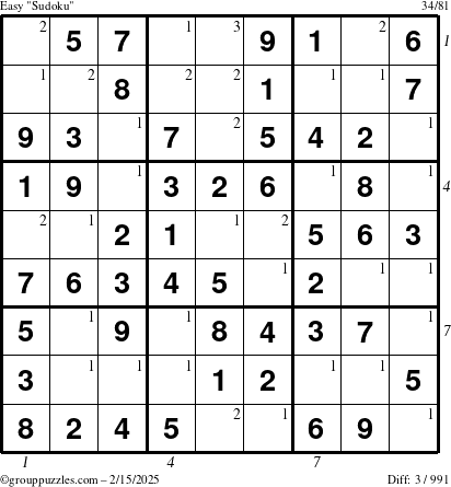 The grouppuzzles.com Easy Sudoku puzzle for Saturday February 15, 2025 with all 3 steps marked