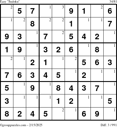 The grouppuzzles.com Easy Sudoku puzzle for Saturday February 15, 2025 with the first 3 steps marked