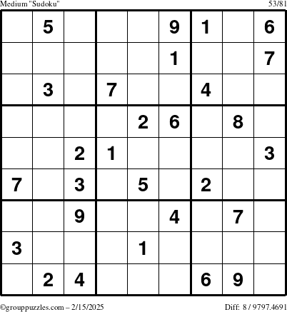 The grouppuzzles.com Medium Sudoku puzzle for Saturday February 15, 2025