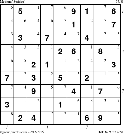 The grouppuzzles.com Medium Sudoku puzzle for Saturday February 15, 2025 with all 8 steps marked