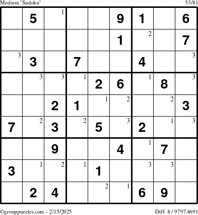 The grouppuzzles.com Medium Sudoku puzzle for Saturday February 15, 2025 with the first 3 steps marked