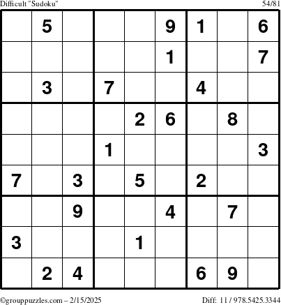 The grouppuzzles.com Difficult Sudoku puzzle for Saturday February 15, 2025