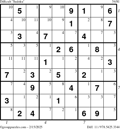 The grouppuzzles.com Difficult Sudoku puzzle for Saturday February 15, 2025 with all 11 steps marked