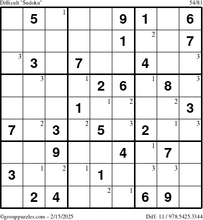 The grouppuzzles.com Difficult Sudoku puzzle for Saturday February 15, 2025 with the first 3 steps marked