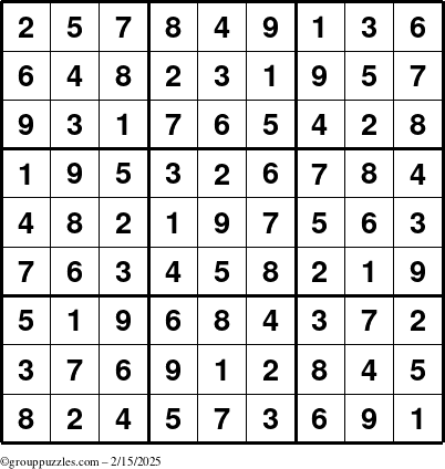 The grouppuzzles.com Answer grid for the Sudoku puzzle for Saturday February 15, 2025