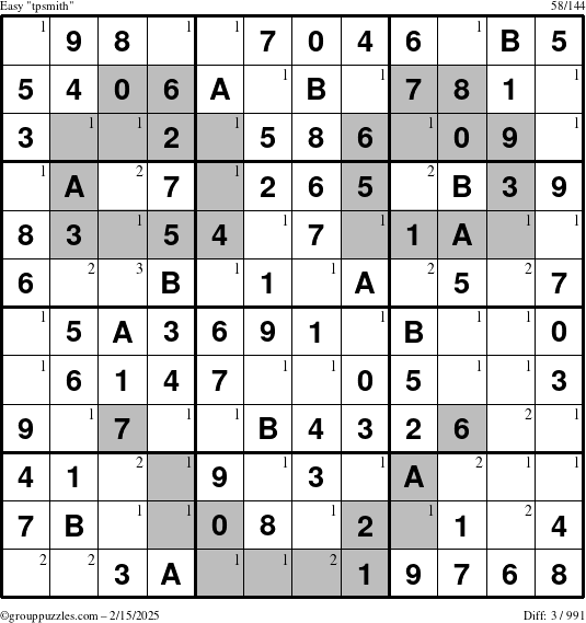 The grouppuzzles.com Easy tpsmith puzzle for Saturday February 15, 2025 with the first 3 steps marked