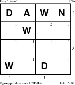 The grouppuzzles.com Easy Dawn puzzle for Tuesday January 20, 2026 with all 2 steps marked