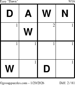 The grouppuzzles.com Easy Dawn puzzle for Tuesday January 20, 2026 with the first 2 steps marked