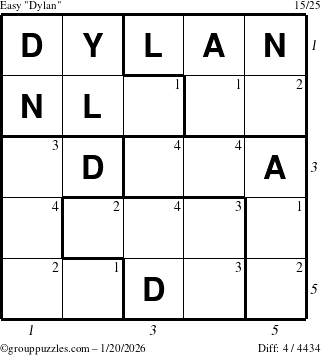 The grouppuzzles.com Easy Dylan puzzle for Tuesday January 20, 2026 with all 4 steps marked