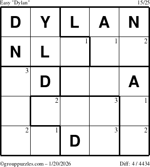 The grouppuzzles.com Easy Dylan puzzle for Tuesday January 20, 2026 with the first 3 steps marked