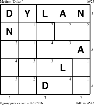 The grouppuzzles.com Medium Dylan puzzle for Tuesday January 20, 2026 with all 4 steps marked