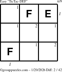 The grouppuzzles.com Easy TicTac-DEF puzzle for Tuesday January 20, 2026, suitable for printing, with all 2 steps marked