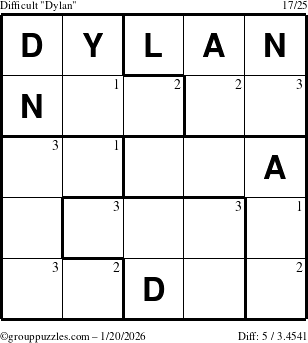 The grouppuzzles.com Difficult Dylan puzzle for Tuesday January 20, 2026 with the first 3 steps marked
