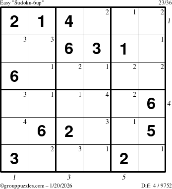 The grouppuzzles.com Easy Sudoku-6up puzzle for Tuesday January 20, 2026 with all 4 steps marked